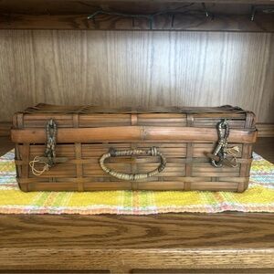 Vintage, Woven Bamboo Wicker Storage Basket With Hinged Lid. 5”Tx14”Lx5”W. Japan